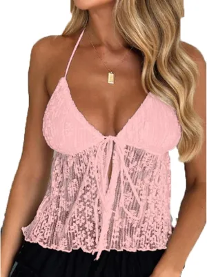 Women's Sexy Halterneck Tie-Up Front Crop Top Sleeveless Backless Lace Cardigan Tops Streetwear