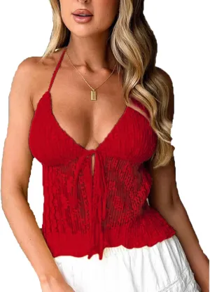 Women's Sexy Halterneck Tie-Up Front Crop Top Sleeveless Backless Lace Cardigan Tops Streetwear
