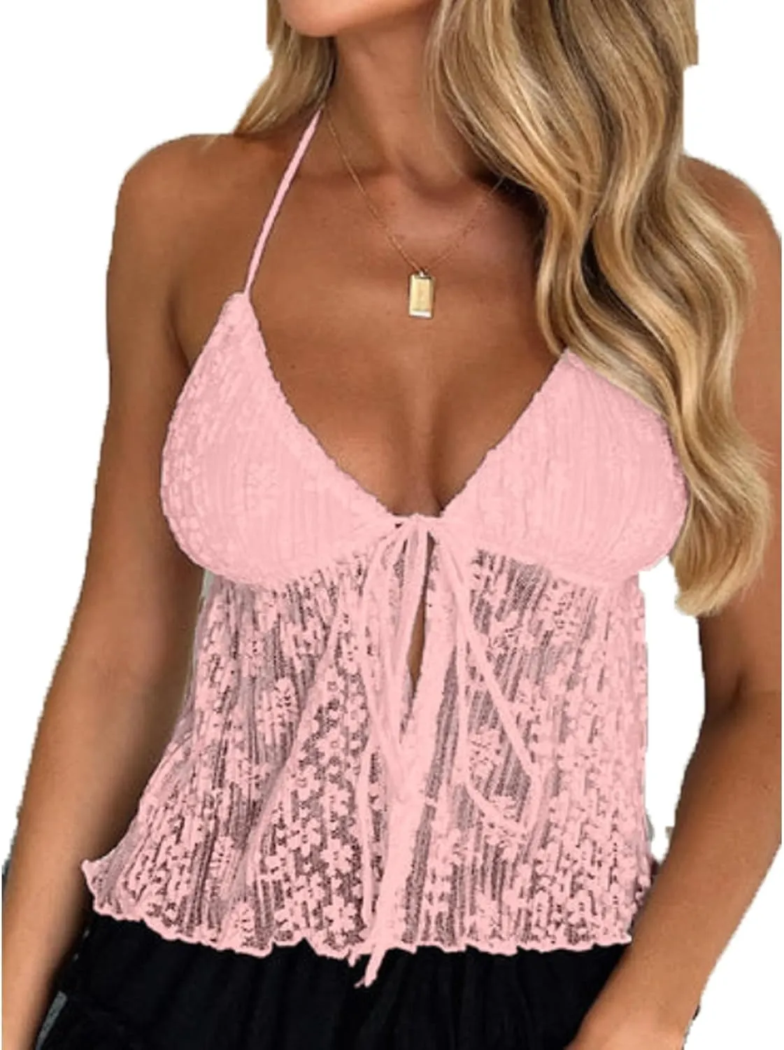Women's Sexy Halterneck Tie-Up Front Crop Top Sleeveless Backless Lace Cardigan Tops Streetwear