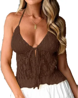 Women's Sexy Halterneck Tie-Up Front Crop Top Sleeveless Backless Lace Cardigan Tops Streetwear
