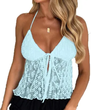 Women's Sexy Halterneck Tie-Up Front Crop Top Sleeveless Backless Lace Cardigan Tops Streetwear