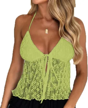 Women's Sexy Halterneck Tie-Up Front Crop Top Sleeveless Backless Lace Cardigan Tops Streetwear