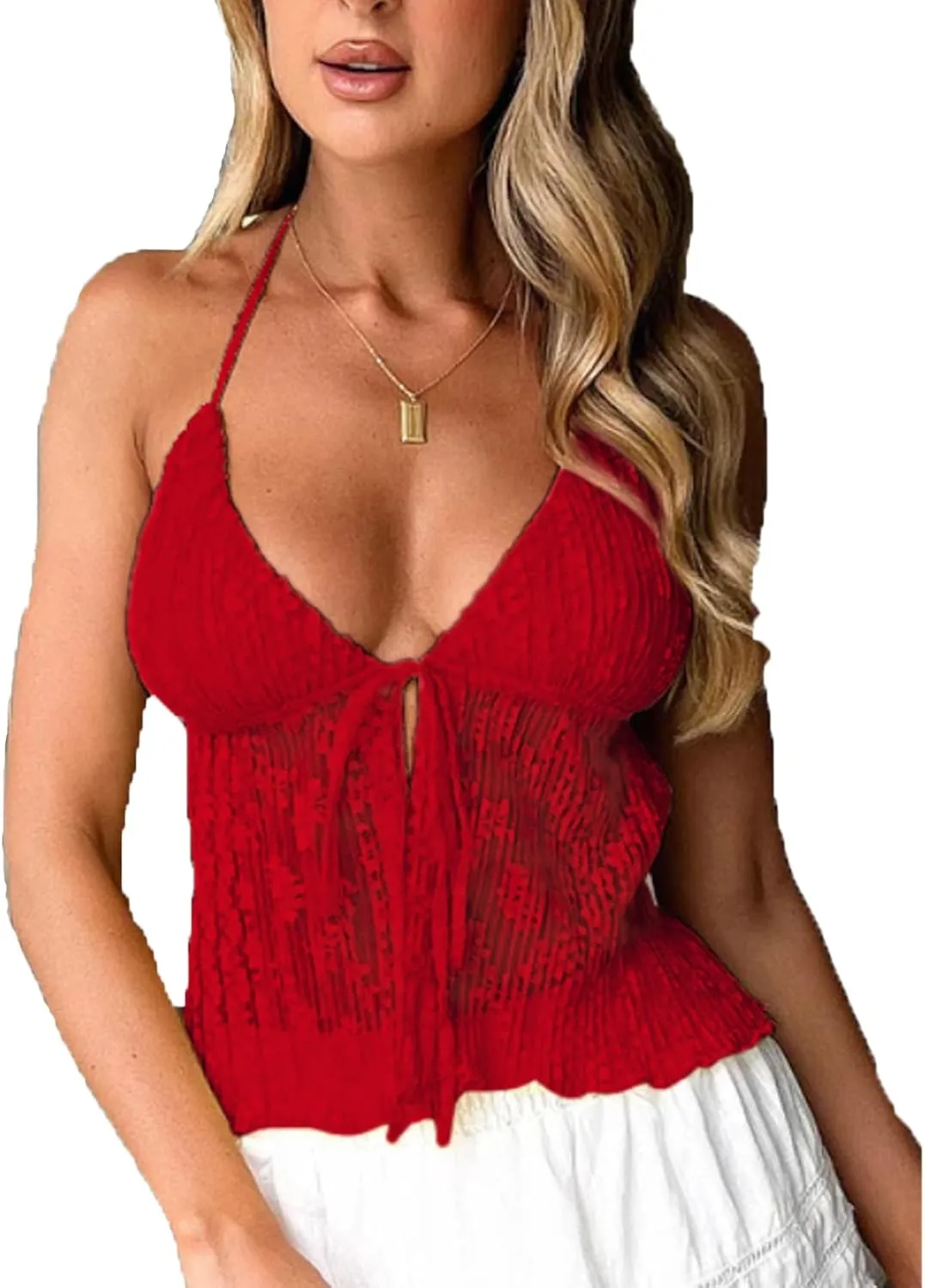 Women's Sexy Halterneck Tie-Up Front Crop Top Sleeveless Backless Lace Cardigan Tops Streetwear