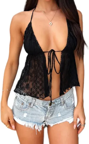 Women's Sexy Halterneck Tie-Up Front Crop Top Sleeveless Backless Lace Cardigan Tops Streetwear