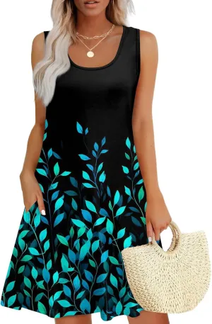 Womens Summer Dresses 2025 Beach Dresses Casual Sleeveless Floral Print Tank Sundress Loose Beach Dress with Pockets