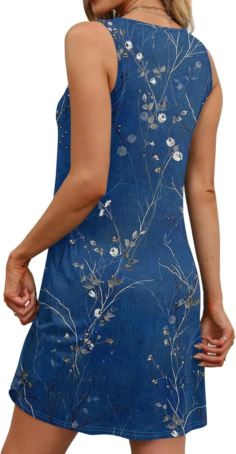 Womens Summer Dresses 2025 Beach Dresses Casual Sleeveless Floral Print Tank Sundress Loose Beach Dress with Pockets