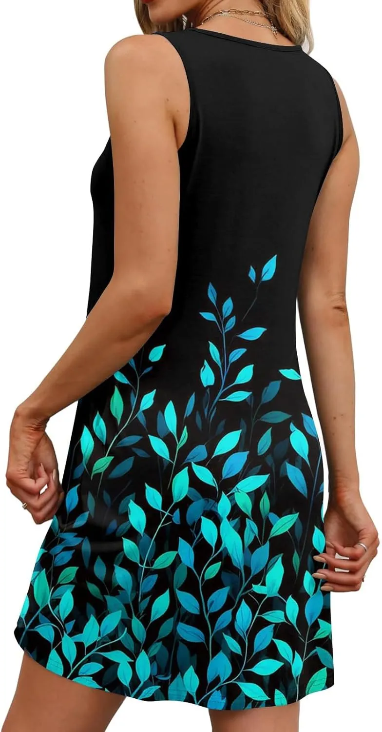 Womens Summer Dresses 2025 Beach Dresses Casual Sleeveless Floral Print Tank Sundress Loose Beach Dress with Pockets