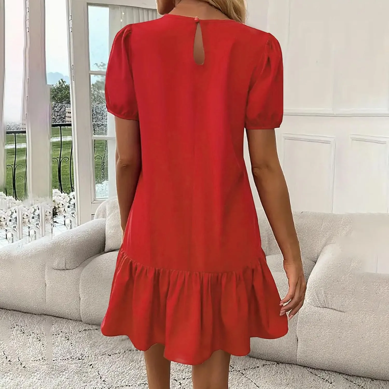 Womens Summer Dresses Casual Short Sleeve Spring Ruffle Mini Sporty Sweatshirt Trendy Loose Soild Tshirt Dress