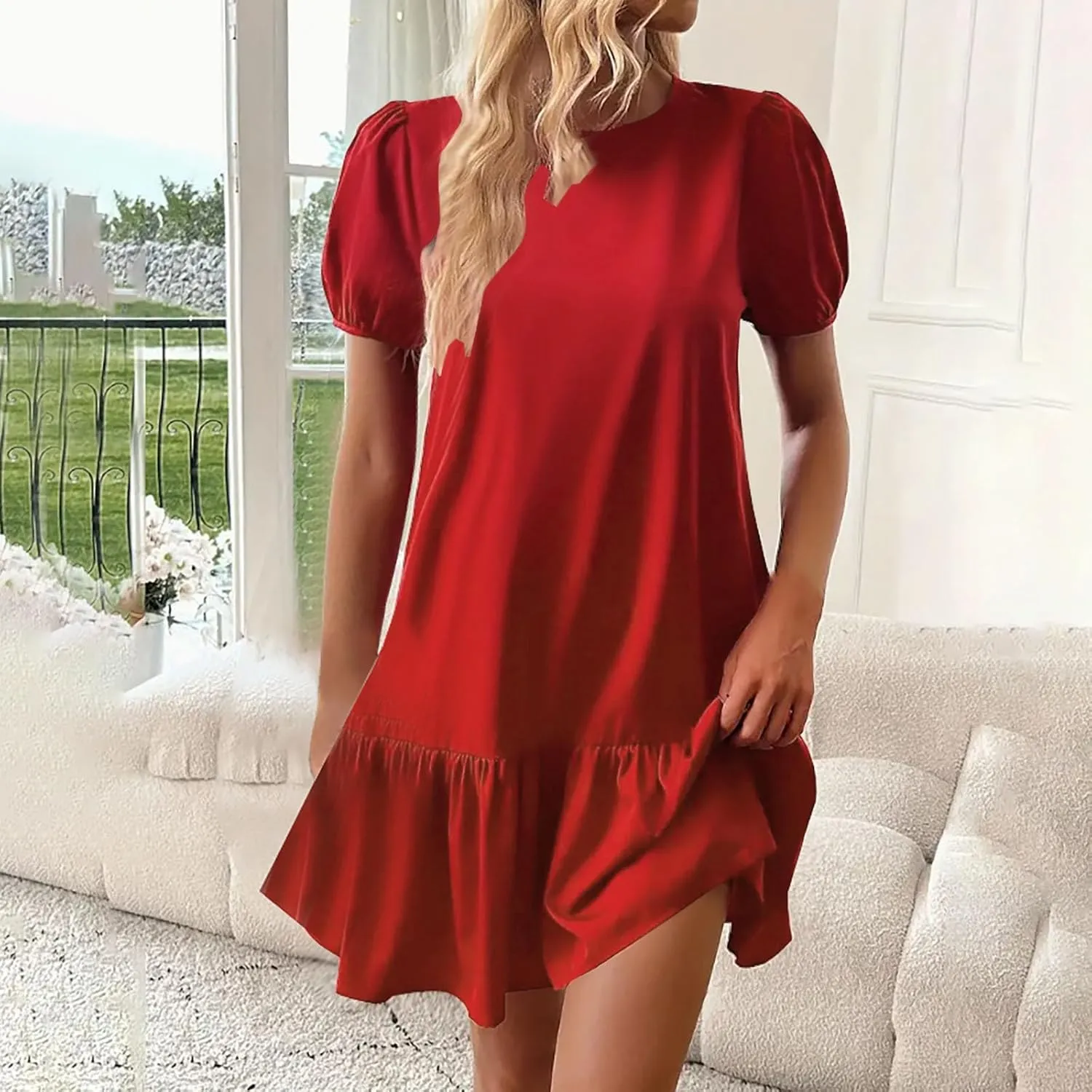 Womens Summer Dresses Casual Short Sleeve Spring Ruffle Mini Sporty Sweatshirt Trendy Loose Soild Tshirt Dress