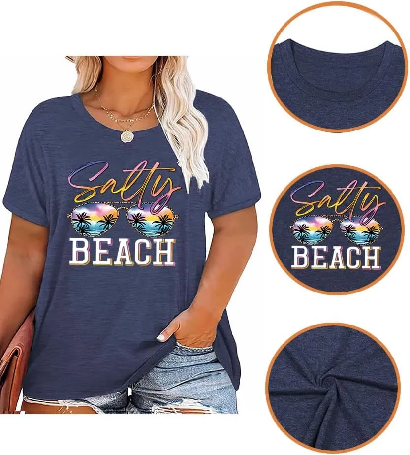 Women's Summer Plus Size Beach Vacation Printed Short Sleeve Round Neck Casual Top