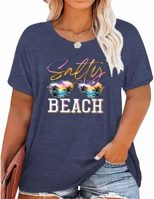 Women's Summer Plus Size Beach Vacation Printed Short Sleeve Round Neck Casual Top