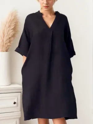 Women's V-Neck Loose Cotton Linen Midi Dress Summer Casual 3/4 Sleeve Plus Size Shift Midi Dresses with Pockets