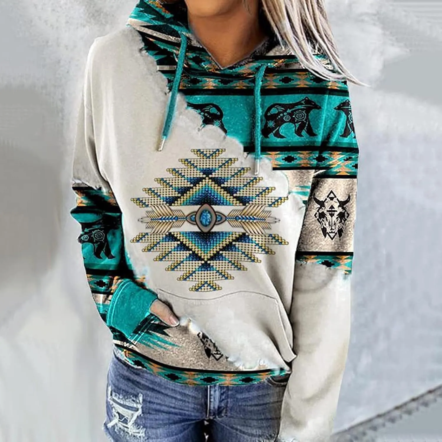 Women's Western Sweatshirt Aztec Hoodie Aztec Jacket for Women Geometric Ethnic Style Sweatshirts Aztec Sweater