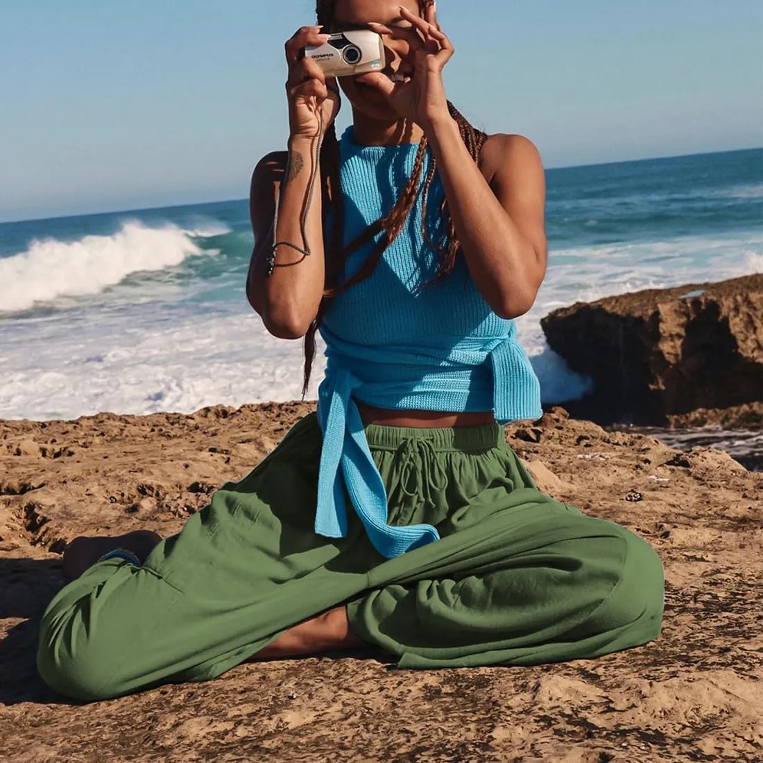 Women's Wide Leg Baggy Casual Lantern Pants Summer Beach High Waisted Capris Yoga Palazzo Elastic Waist Trousers