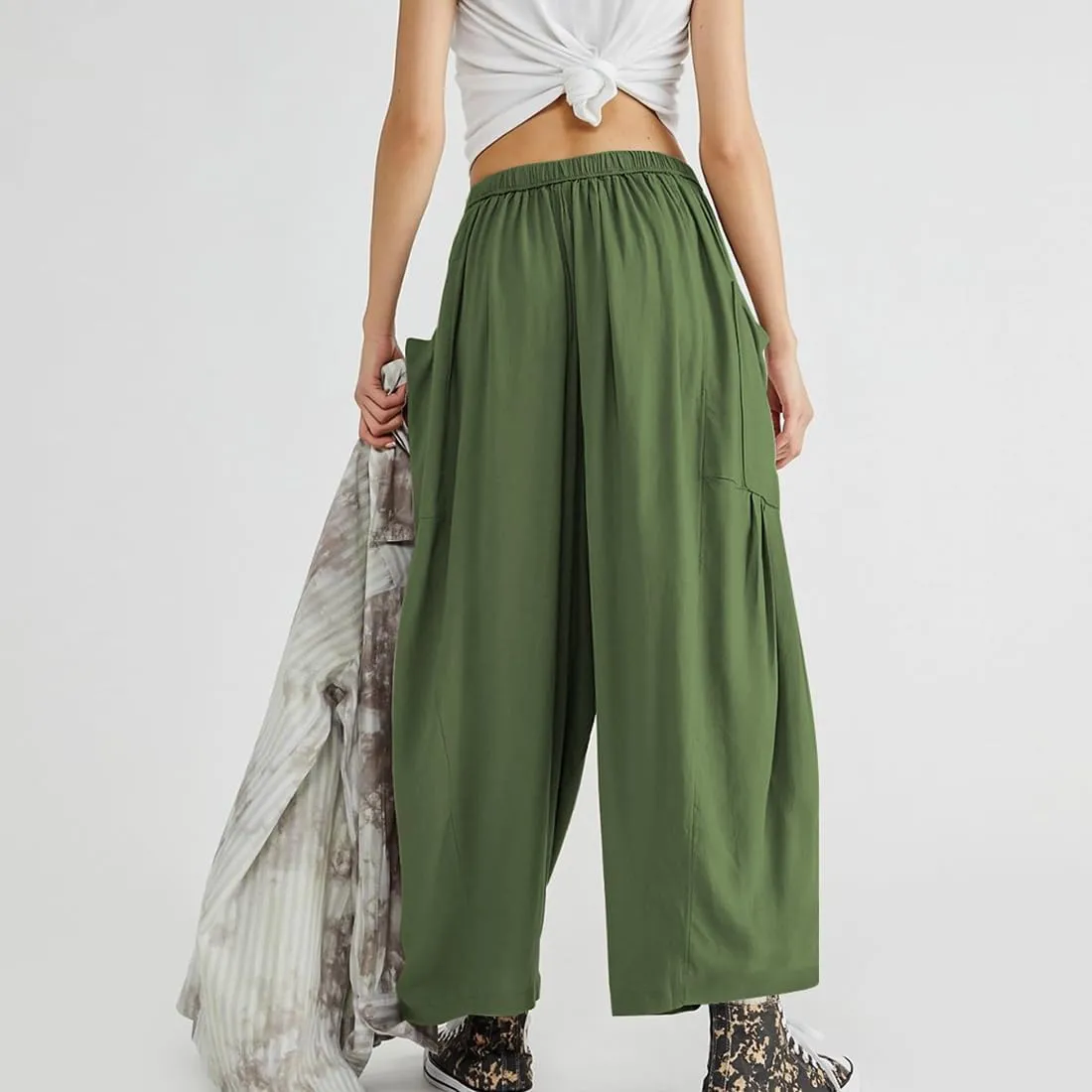 Women's Wide Leg Baggy Casual Lantern Pants Summer Beach High Waisted Capris Yoga Palazzo Elastic Waist Trousers