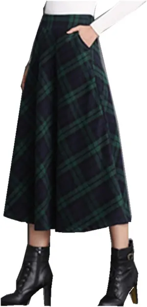 Women's Wool Maxi Skirt A-Line Pleated Vintage Plaid Winter Swing Skirts