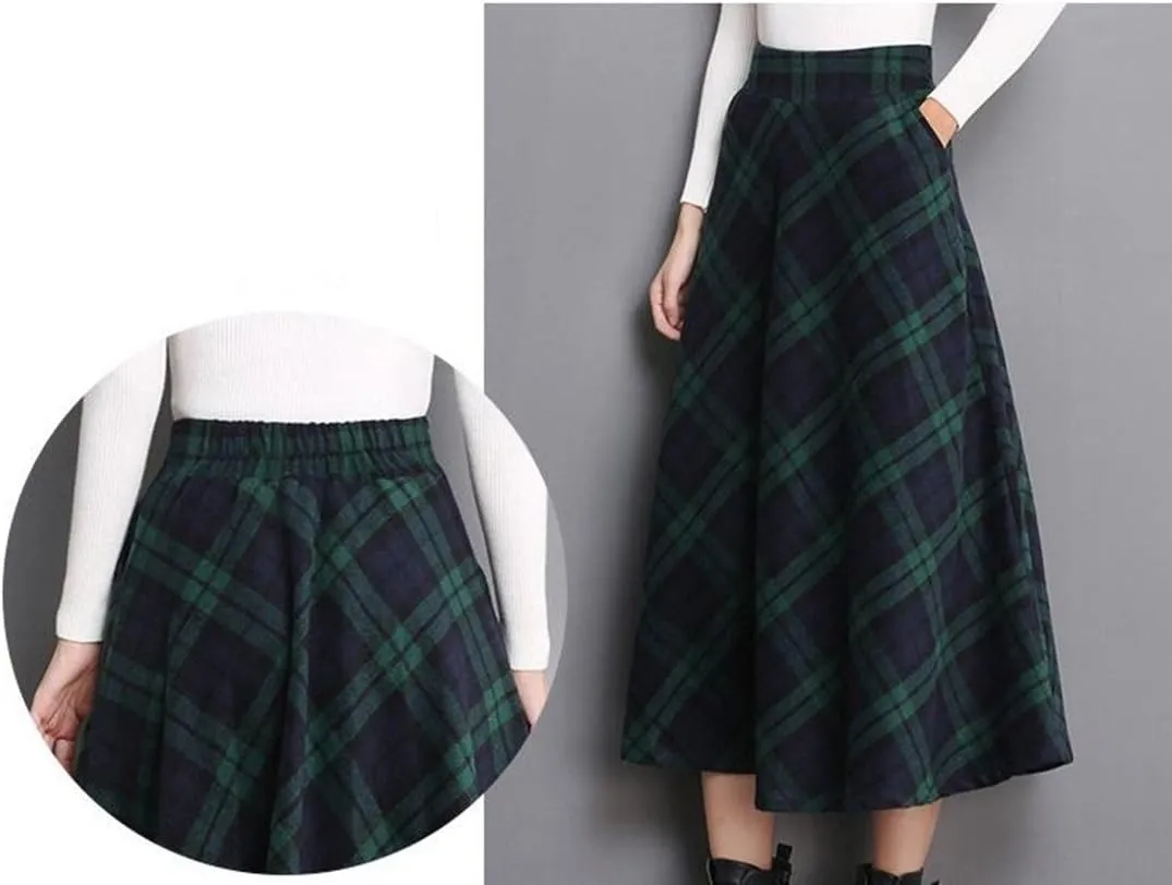Women's Wool Maxi Skirt A-Line Pleated Vintage Plaid Winter Swing Skirts
