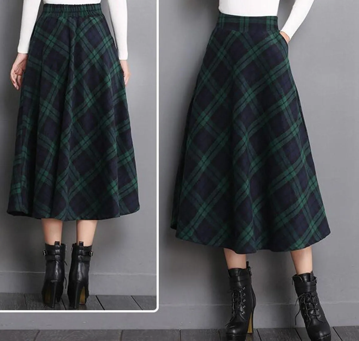 Women's Wool Maxi Skirt A-Line Pleated Vintage Plaid Winter Swing Skirts