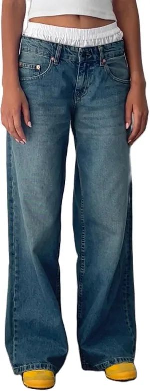 Women's Y2K Wide Leg Denim Pants Baggy Low Waist Wide Leg Boyfriend Jeans Casual Vintage Loose Jeans Streetwear