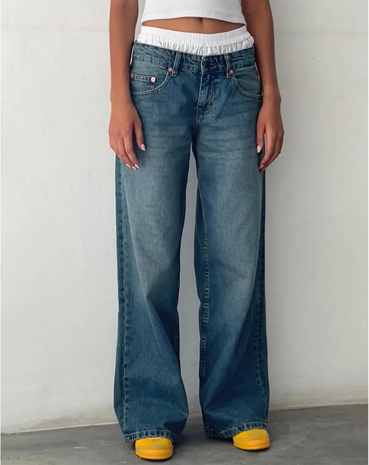Women's Y2K Wide Leg Denim Pants Baggy Low Waist Wide Leg Boyfriend Jeans Casual Vintage Loose Jeans Streetwear