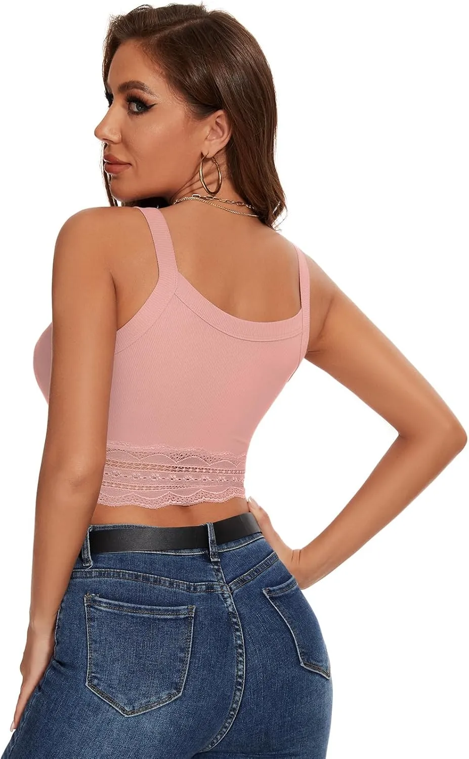 WOWENY Women's Crop Tank Top Splicing Lace Ribbed Knit Sleeveless Slim Fit Basic Camisole Summer Y2K Tops