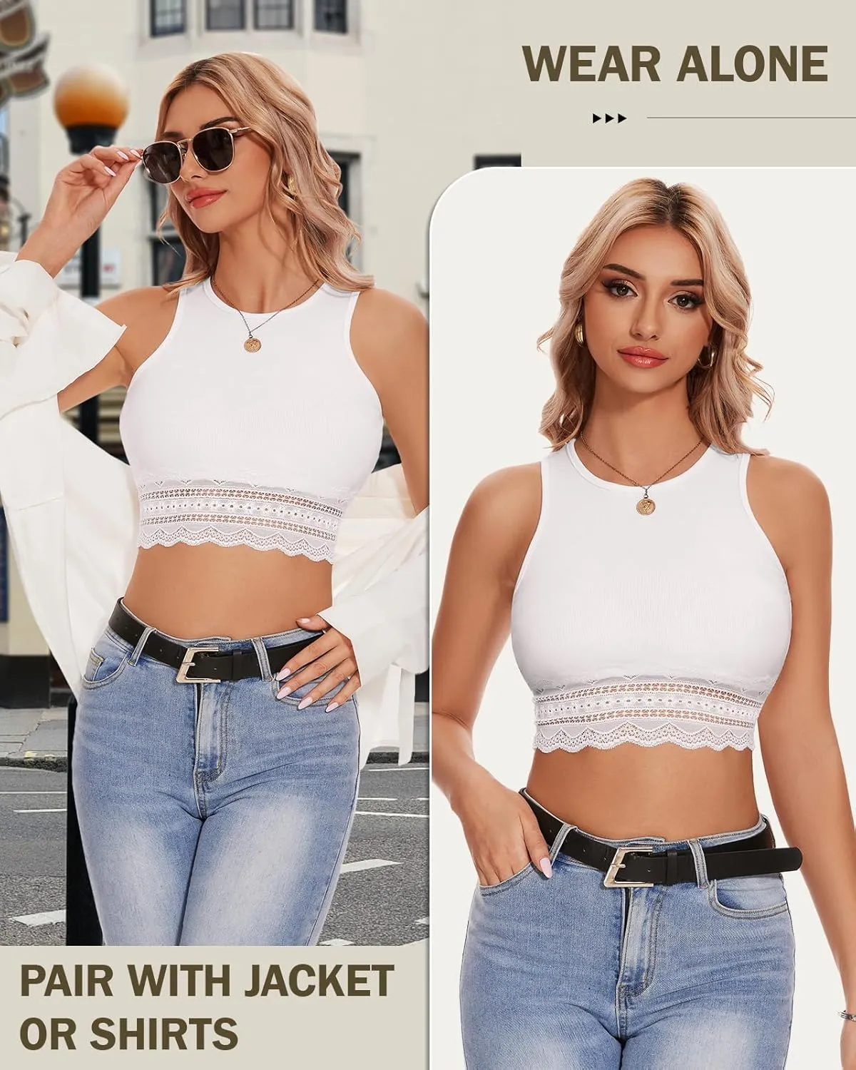 WOWENY Women's Crop Tank Top Splicing Lace Ribbed Knit Sleeveless Slim Fit Basic Camisole Summer Y2K Tops