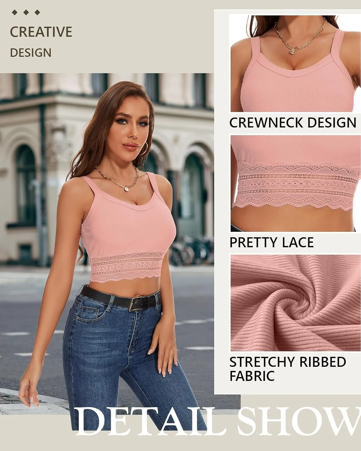 WOWENY Women's Crop Tank Top Splicing Lace Ribbed Knit Sleeveless Slim Fit Basic Camisole Summer Y2K Tops
