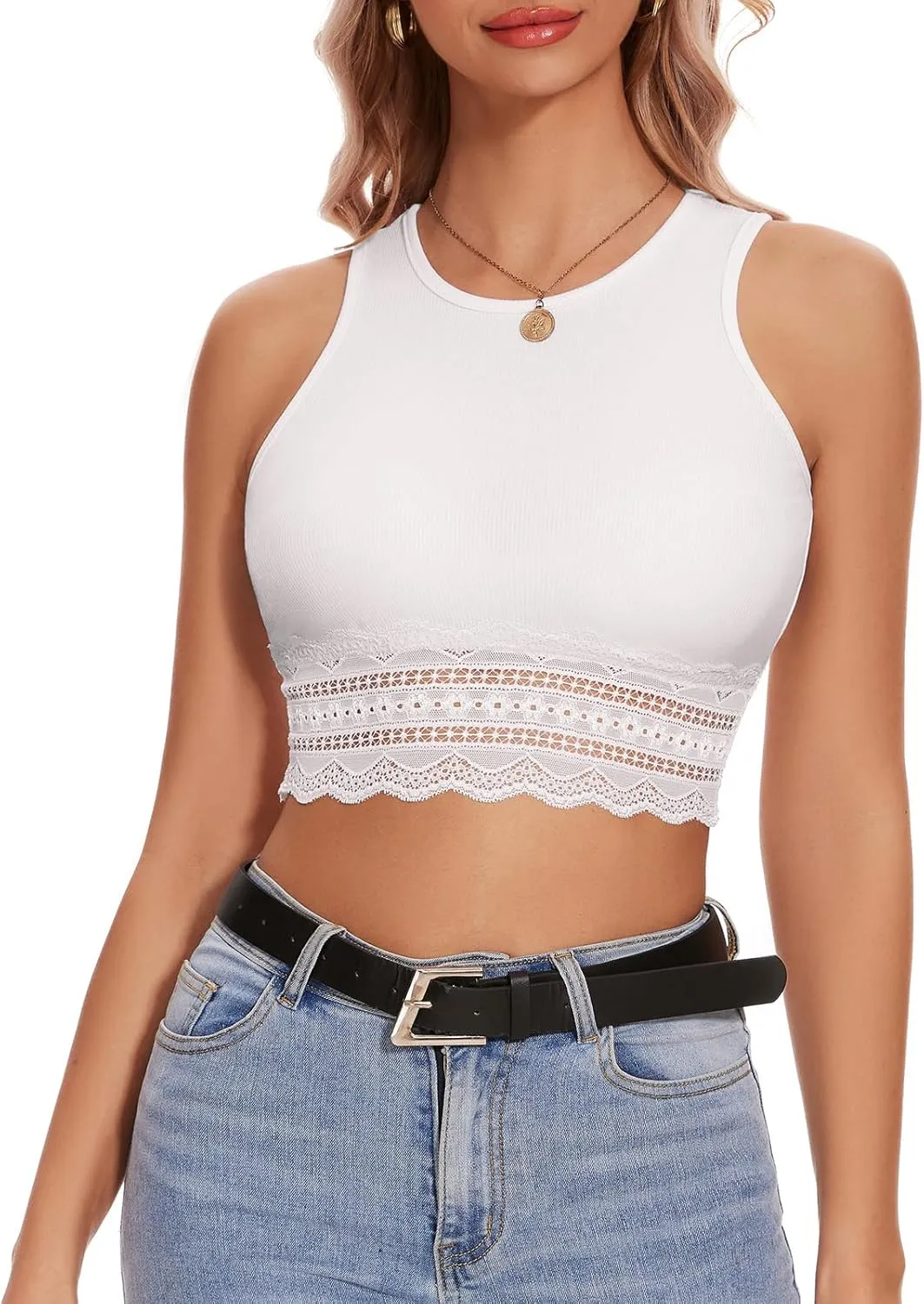 WOWENY Women's Crop Tank Top Splicing Lace Ribbed Knit Sleeveless Slim Fit Basic Camisole Summer Y2K Tops