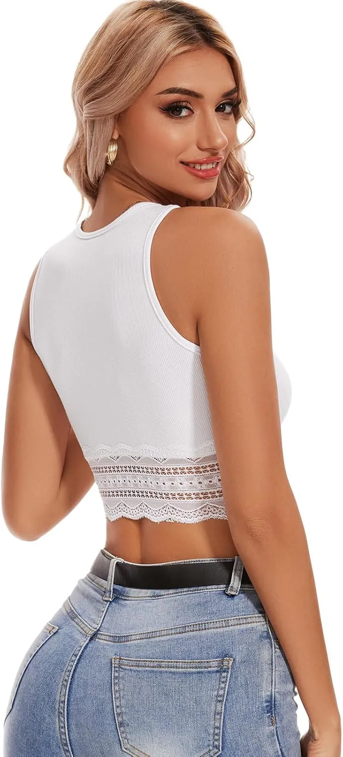 WOWENY Women's Crop Tank Top Splicing Lace Ribbed Knit Sleeveless Slim Fit Basic Camisole Summer Y2K Tops