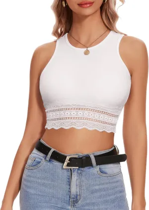 WOWENY Women's Crop Tank Top Splicing Lace Ribbed Knit Sleeveless Slim Fit Basic Camisole Summer Y2K Tops
