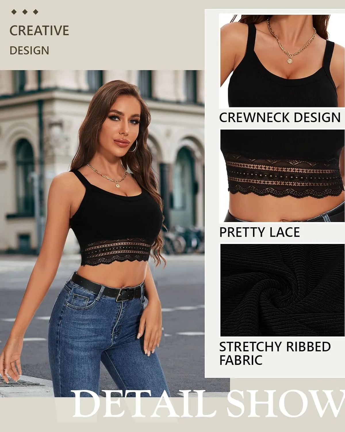 WOWENY Women's Crop Tank Top Splicing Lace Ribbed Knit Sleeveless Slim Fit Basic Camisole Summer Y2K Tops