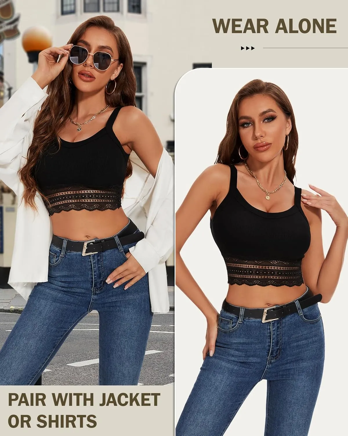 WOWENY Women's Crop Tank Top Splicing Lace Ribbed Knit Sleeveless Slim Fit Basic Camisole Summer Y2K Tops
