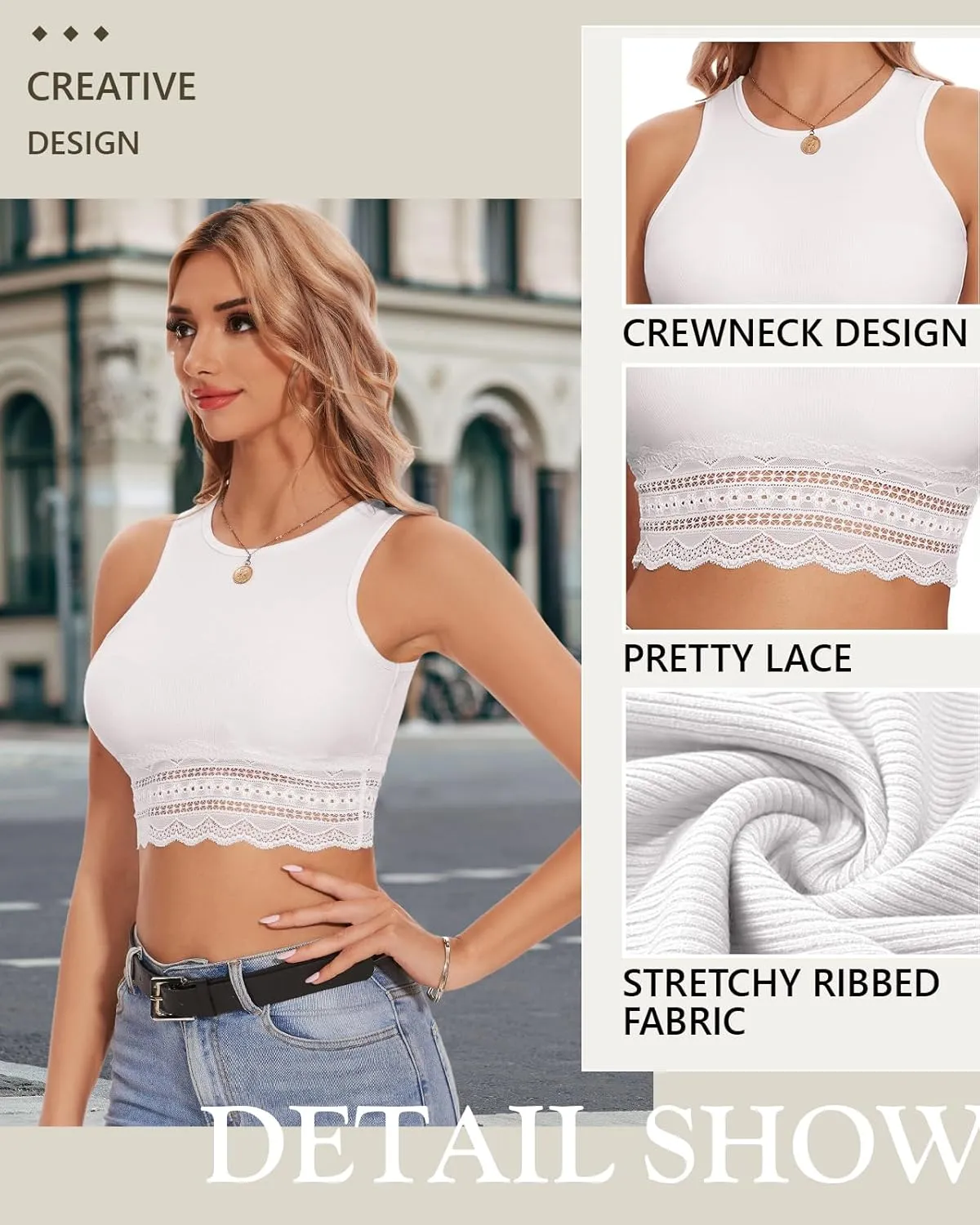 WOWENY Women's Crop Tank Top Splicing Lace Ribbed Knit Sleeveless Slim Fit Basic Camisole Summer Y2K Tops