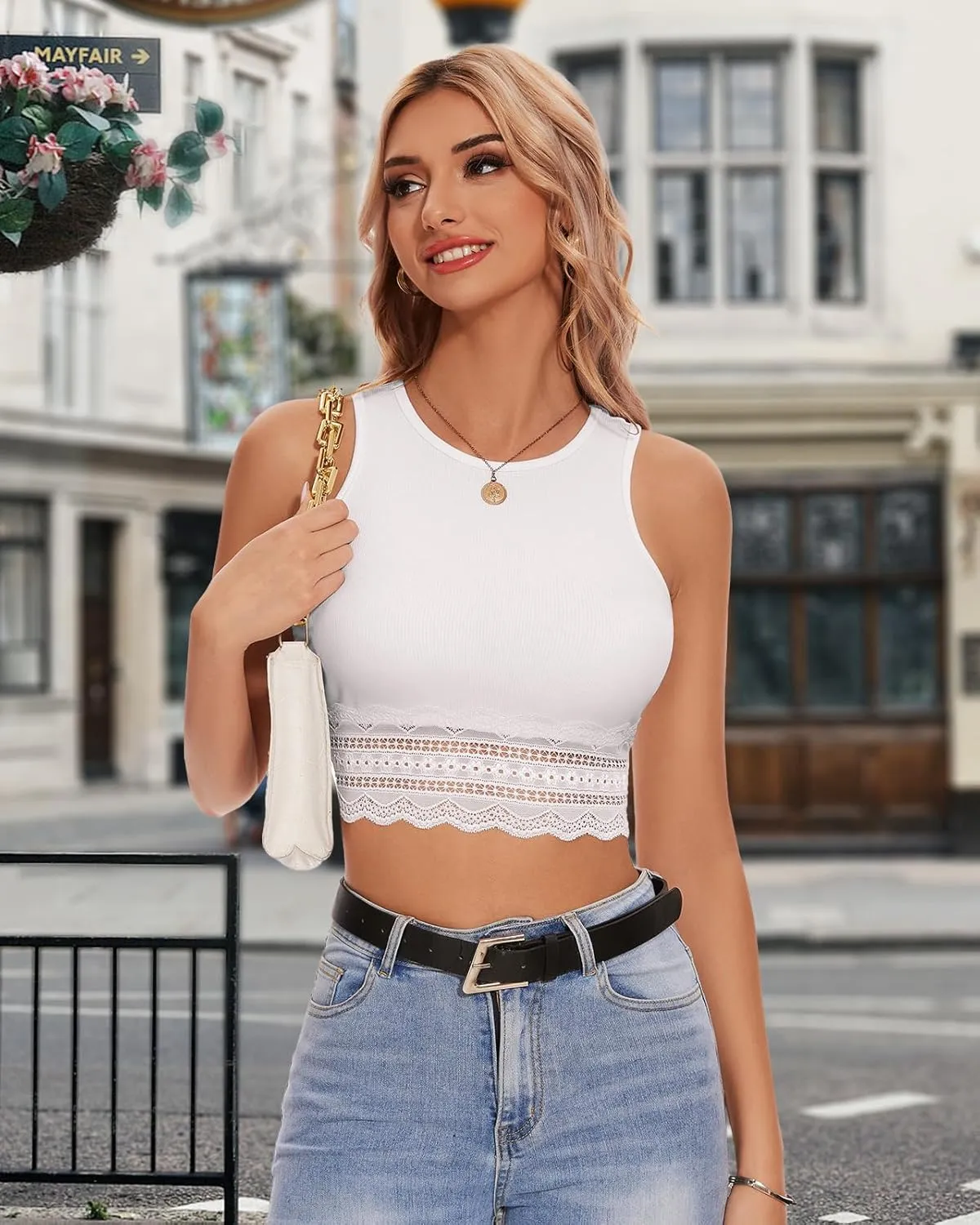 WOWENY Women's Crop Tank Top Splicing Lace Ribbed Knit Sleeveless Slim Fit Basic Camisole Summer Y2K Tops
