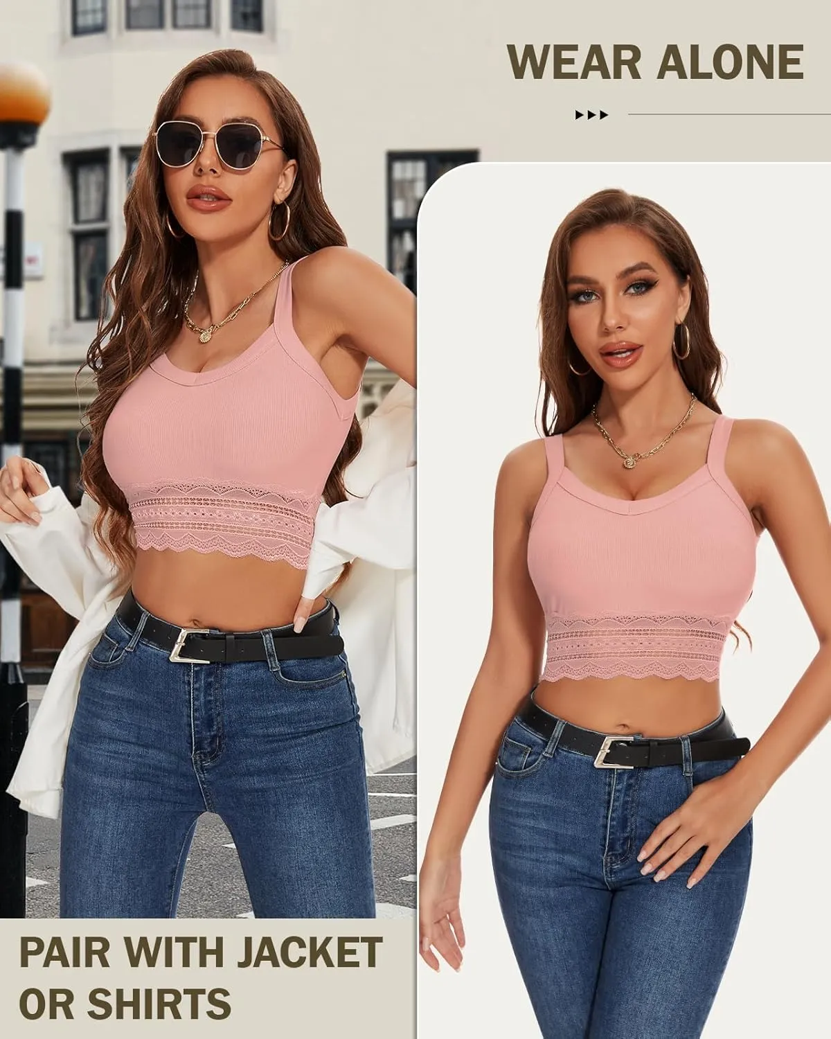 WOWENY Women's Crop Tank Top Splicing Lace Ribbed Knit Sleeveless Slim Fit Basic Camisole Summer Y2K Tops