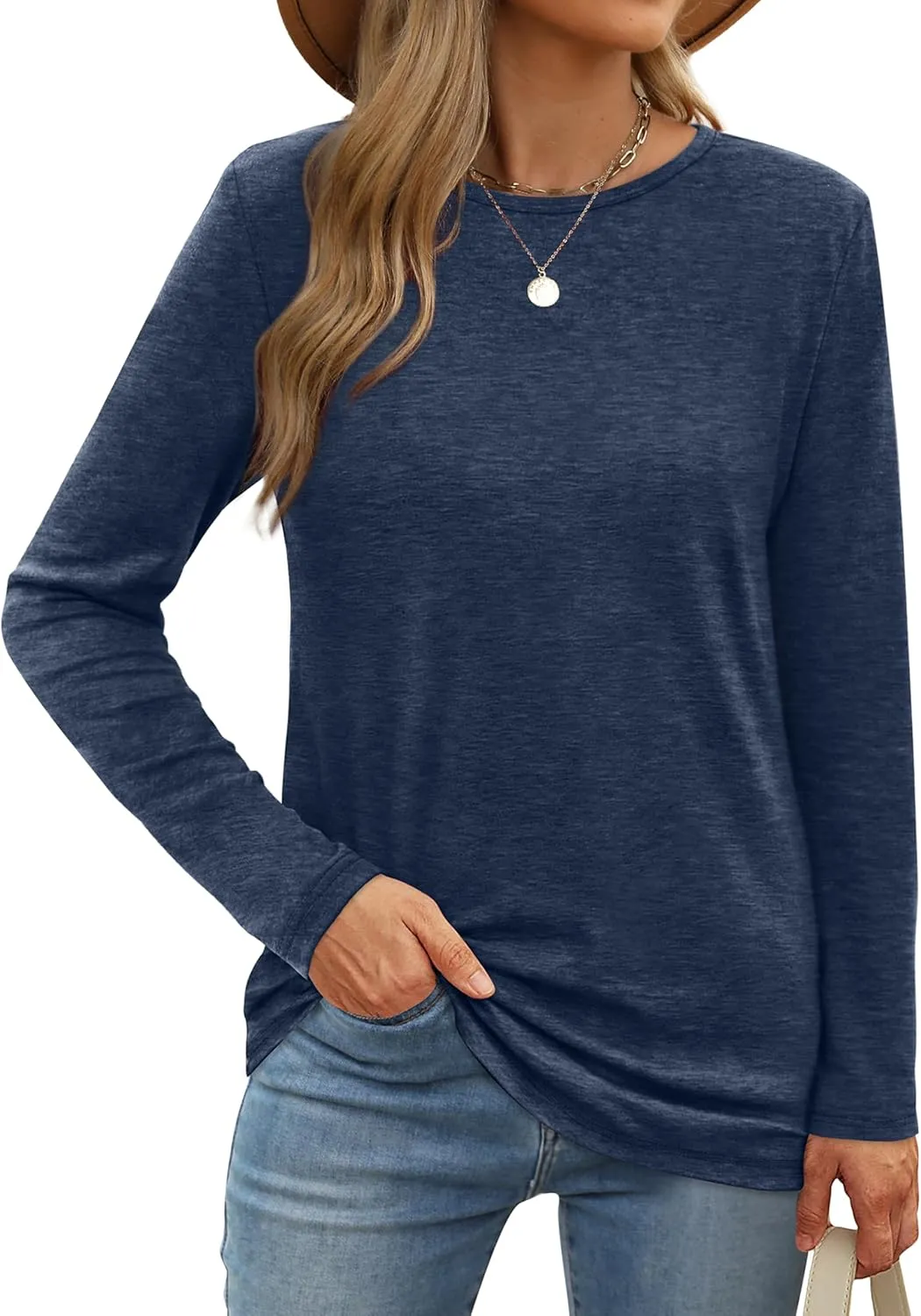 XIEERDUO Long Sleeve Shirts for Women Casual Crew Neck Basic Fall Tops Loose Fit Comfy