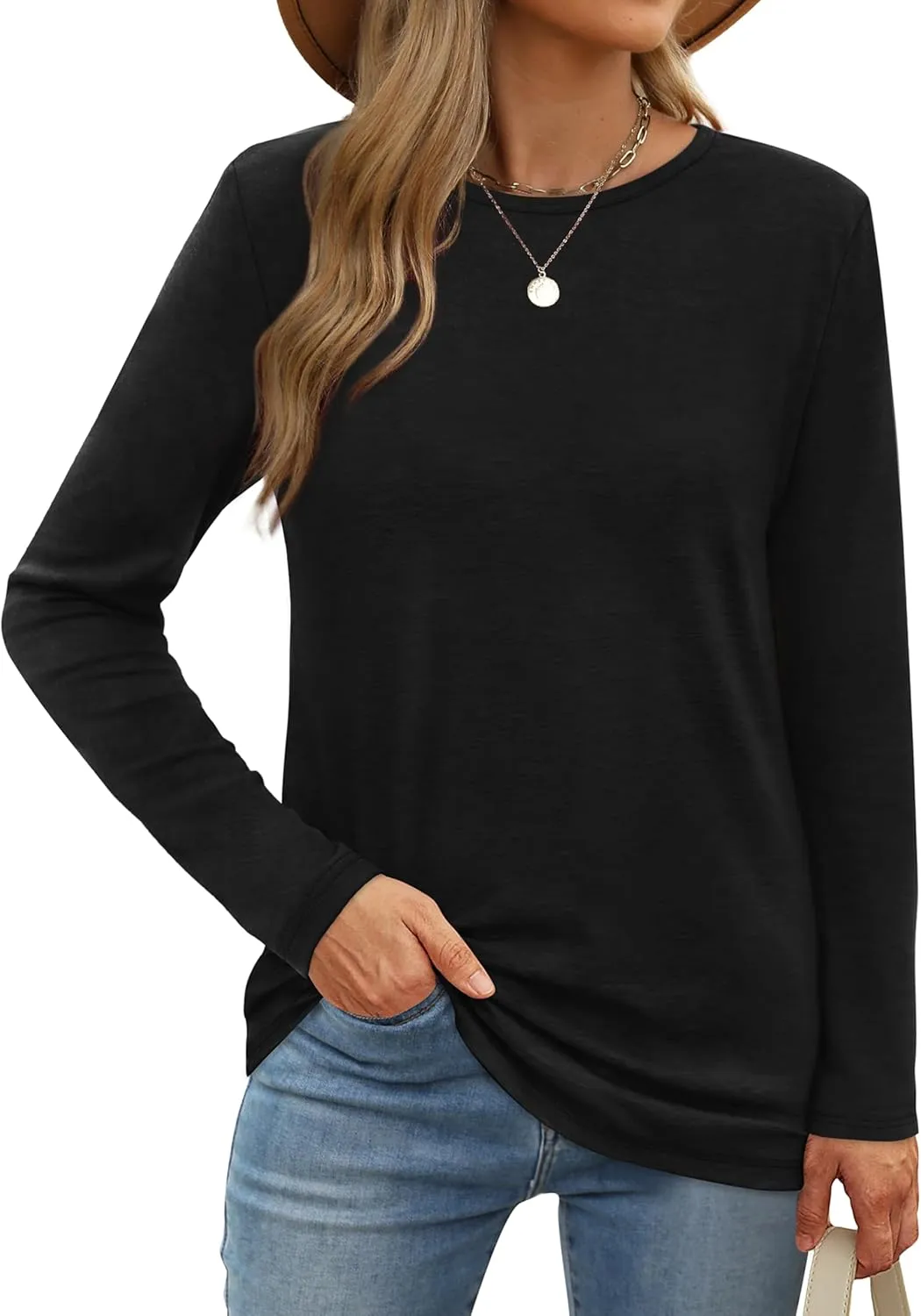 XIEERDUO Long Sleeve Shirts for Women Casual Crew Neck Basic Fall Tops Loose Fit Comfy