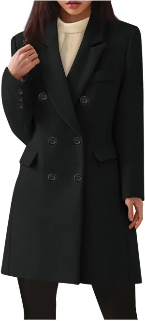 XUNRYAN Womens Mid Long Trench Coat Business Casual Blazer Double-Breasted Peacoat Slim Fit Jackets for Petite Women Outwear