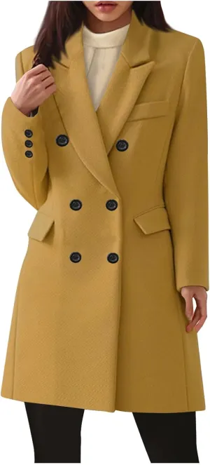XUNRYAN Womens Mid Long Trench Coat Business Casual Blazer Double-Breasted Peacoat Slim Fit Jackets for Petite Women Outwear
