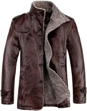 XYGJZ Men's Fleece Leather Jacket Sherpa Lined Stand Collar PU Faux Leather Motorcycle Coat Winter Oversized Thicken Outwear
