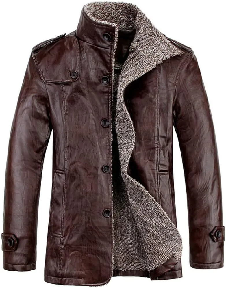XYGJZ Men's Fleece Leather Jacket Sherpa Lined Stand Collar PU Faux Leather Motorcycle Coat Winter Oversized Thicken Outwear