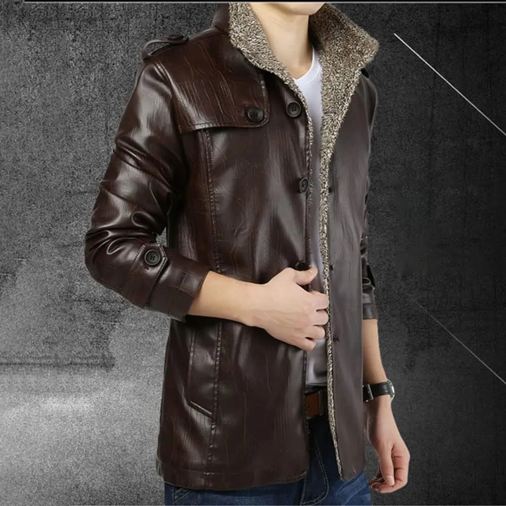 XYGJZ Men's Fleece Leather Jacket Sherpa Lined Stand Collar PU Faux Leather Motorcycle Coat Winter Oversized Thicken Outwear