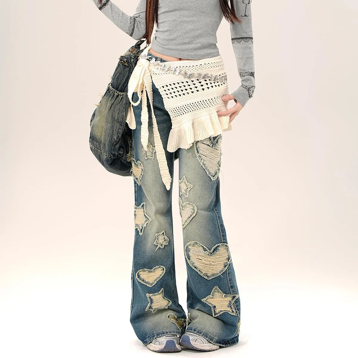 Y2K Fashion High Waisted Straight Leg Jeans Vintage Casual Gradual Star Fringe Slim Flared Denim Pants