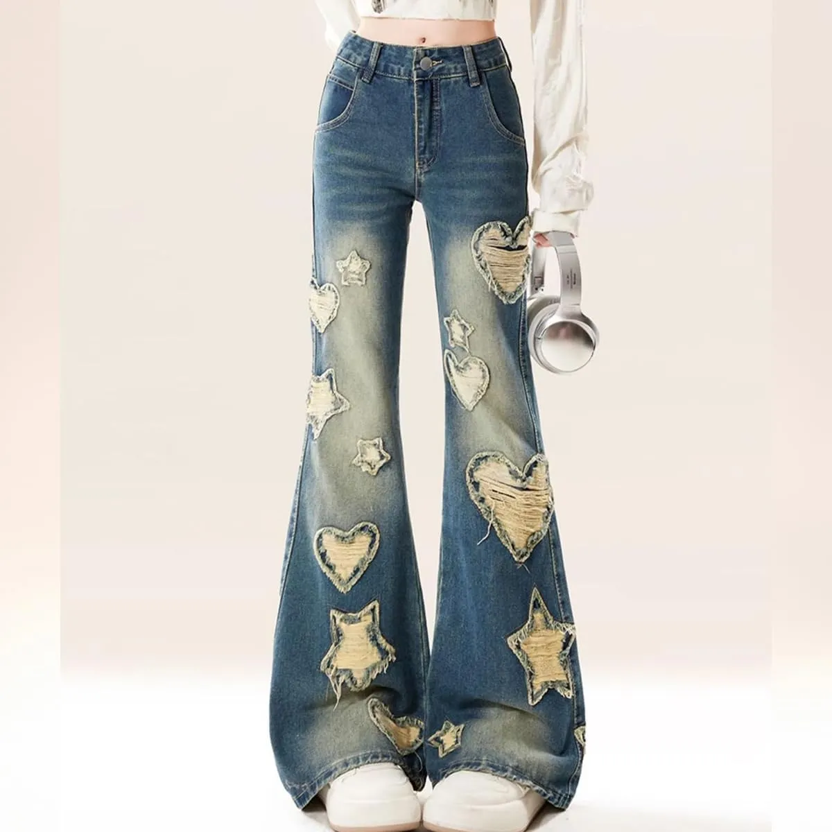 Y2K Fashion High Waisted Straight Leg Jeans Vintage Casual Gradual Star Fringe Slim Flared Denim Pants