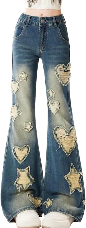 Y2K Fashion High Waisted Straight Leg Jeans Vintage Casual Gradual Star Fringe Slim Flared Denim Pants