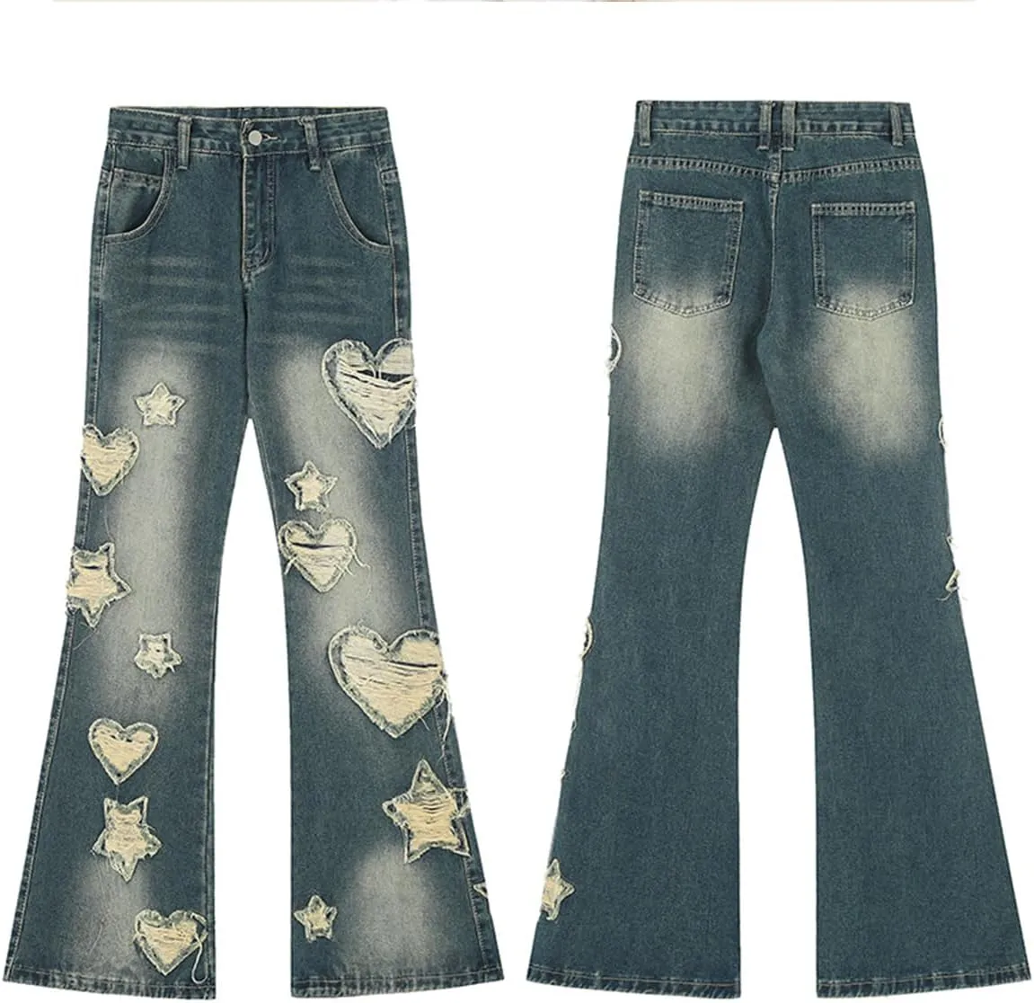 Y2K Fashion High Waisted Straight Leg Jeans Vintage Casual Gradual Star Fringe Slim Flared Denim Pants