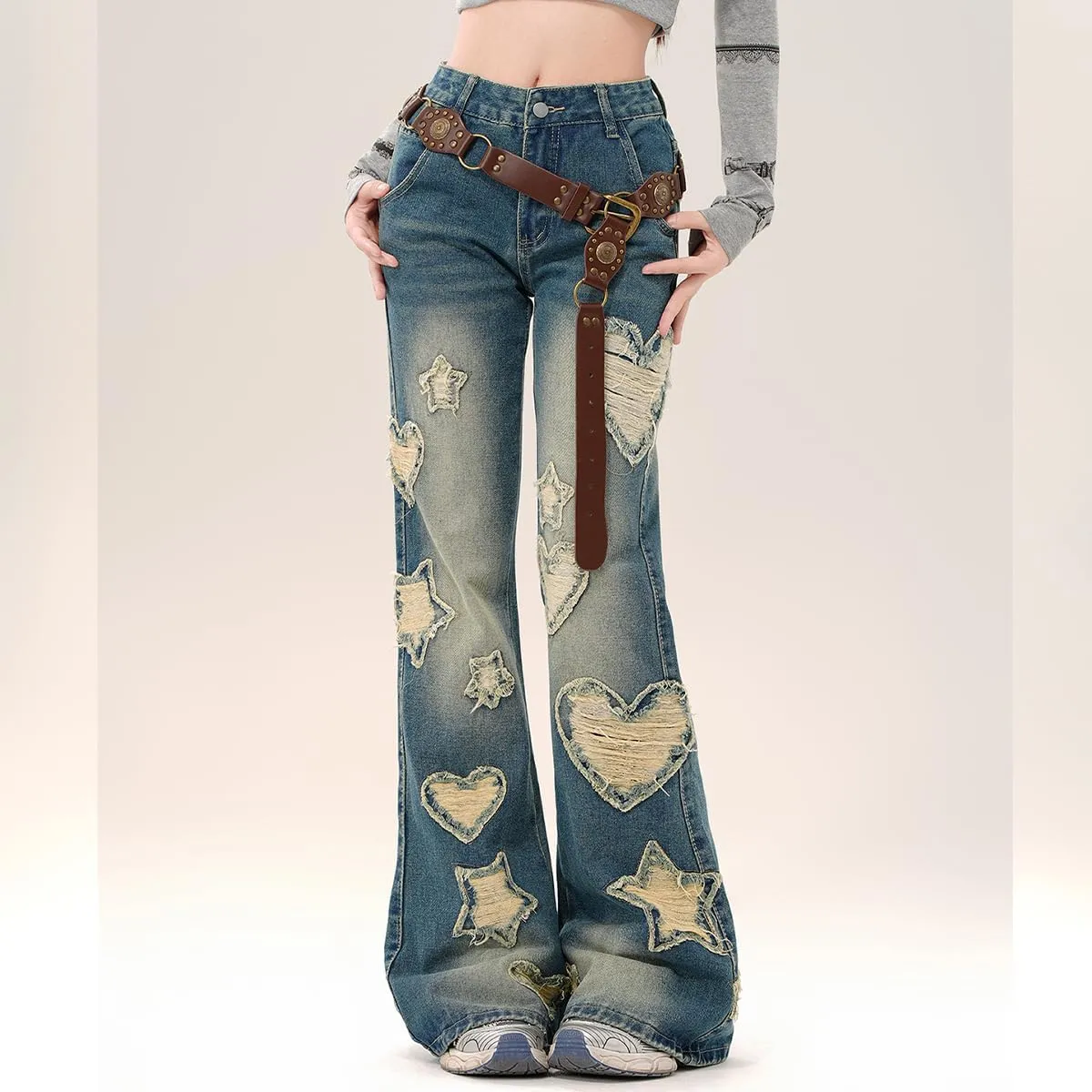 Y2K Fashion High Waisted Straight Leg Jeans Vintage Casual Gradual Star Fringe Slim Flared Denim Pants