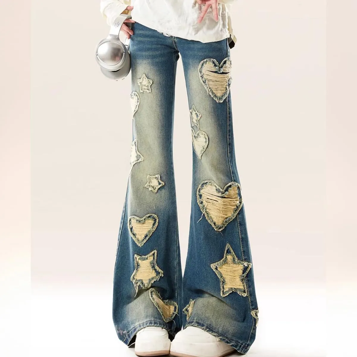 Y2K Fashion High Waisted Straight Leg Jeans Vintage Casual Gradual Star Fringe Slim Flared Denim Pants