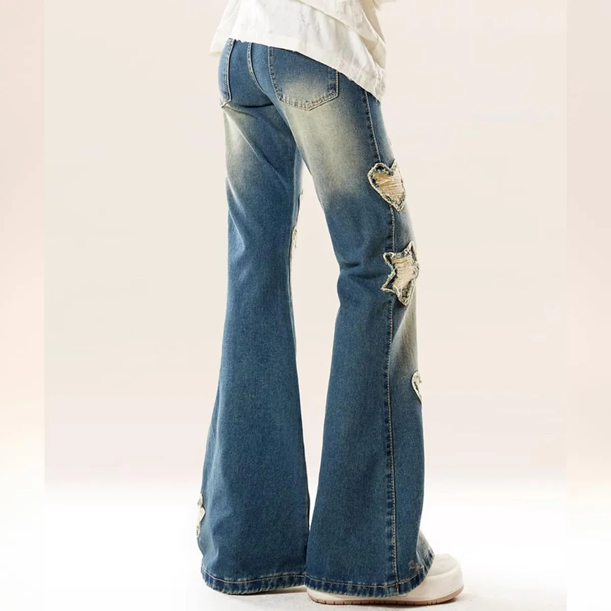 Y2K Fashion High Waisted Straight Leg Jeans Vintage Casual Gradual Star Fringe Slim Flared Denim Pants