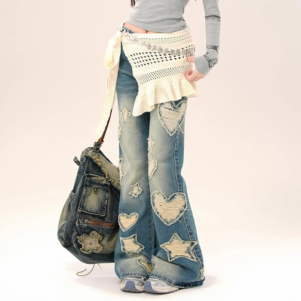 Y2K Fashion High Waisted Straight Leg Jeans Vintage Casual Gradual Star Fringe Slim Flared Denim Pants
